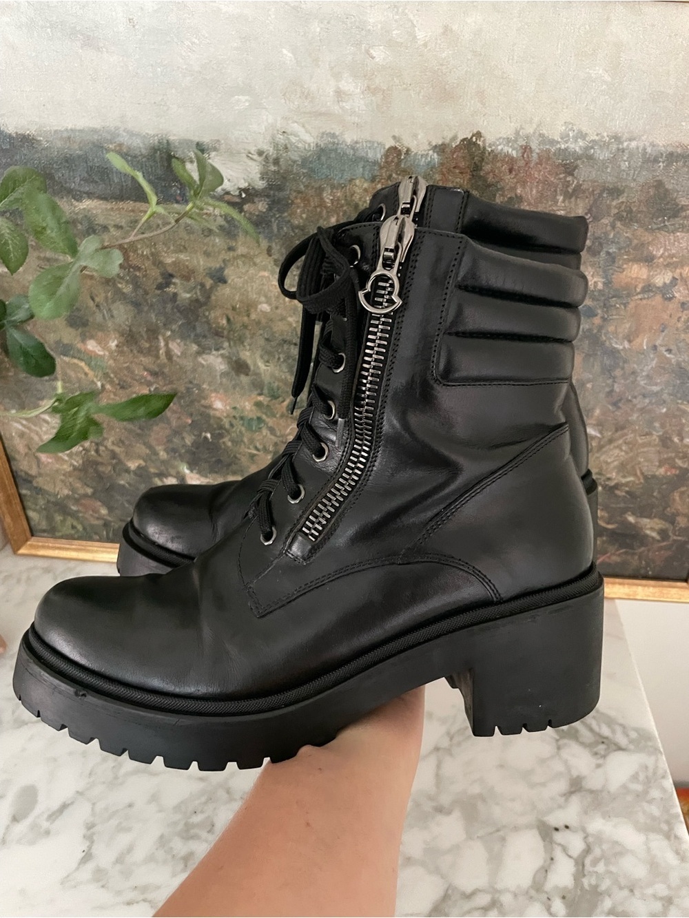 Moncler Viviane Leather Combat Boots Made in Italy Black Chunky Moto Size 40